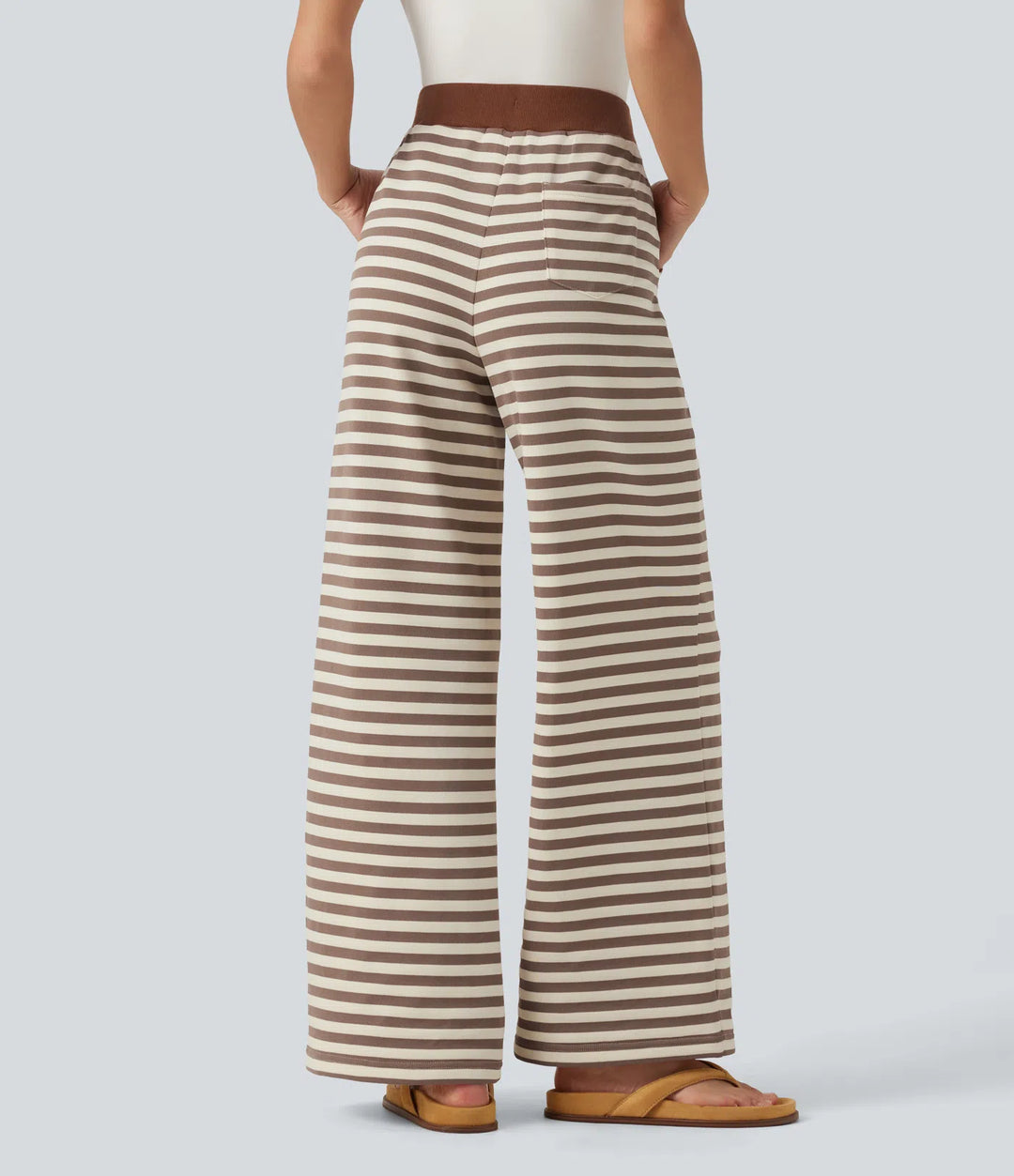 Mid Rise Drawstring Stripe Wide Leg Lounging Sweatpants with Pockets