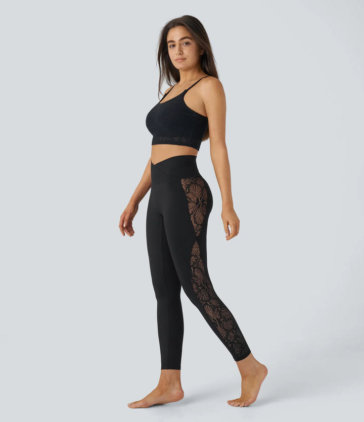SoftlyZero High Waisted Crossover Contrast Lace Pocket Yoga Leggings