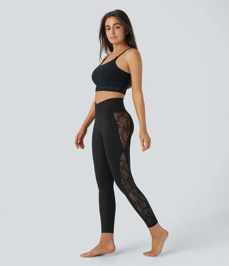 SoftlyZero High Waisted Crossover Contrast Lace Pocket Yoga Leggings