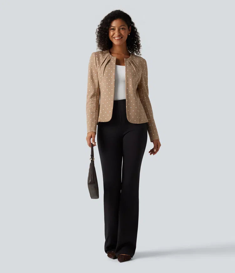 Round Neck Curved Hem Polka Dot Long Sleeve Work Blazer