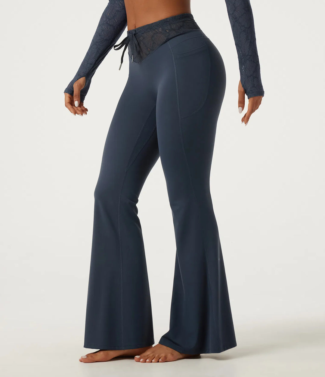 Halara UltraSculpt Mid Rise Drawstring Contrast Lace Flare Yoga Leggings with Pockets