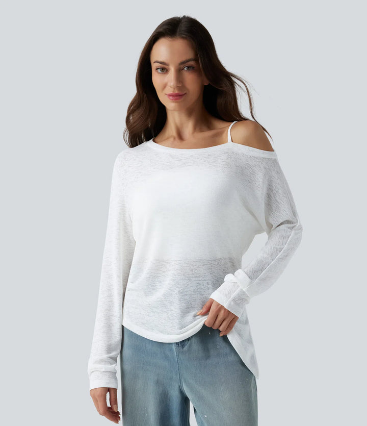 Semi Sheer One Shoulder Long Sleeve Asymmetric Hem Casual T-Shirt