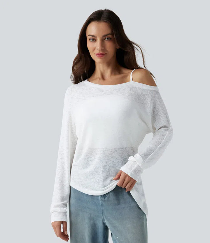 Semi Sheer One Shoulder Long Sleeve Asymmetric Hem Casual T-Shirt