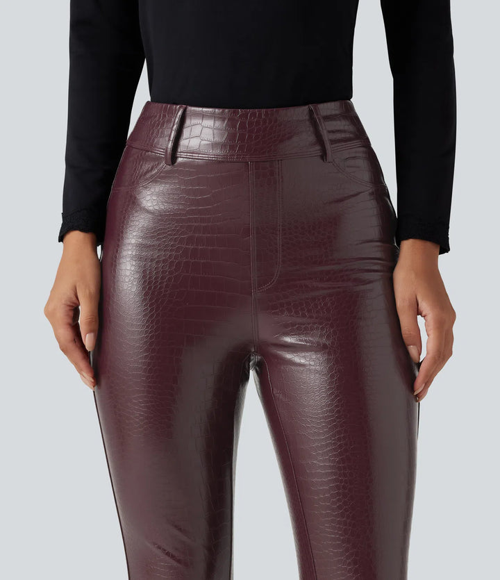High Waisted Snakeskin Print Stretchy PU Fleece Casual Leggings with Pockets
