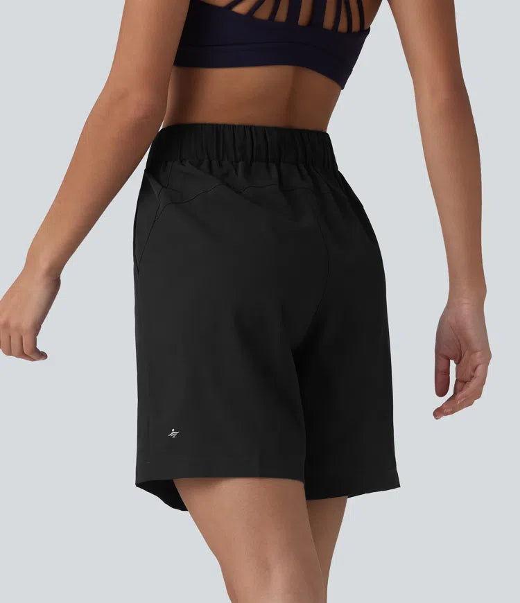 High Waisted Elastic Waistband Drawstring Pleated Yoga Shorts 7&