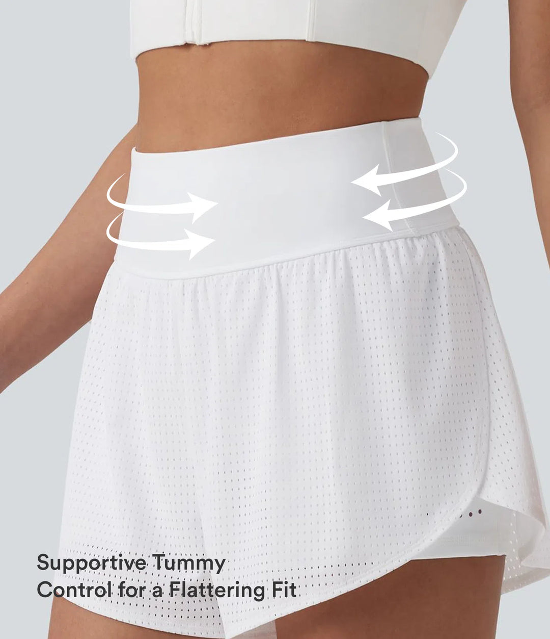 High Waisted Tummy Control Reflective Dots Crossover Curved Hem 2-in-1 Eyelet Yoga Shorts with Pockets