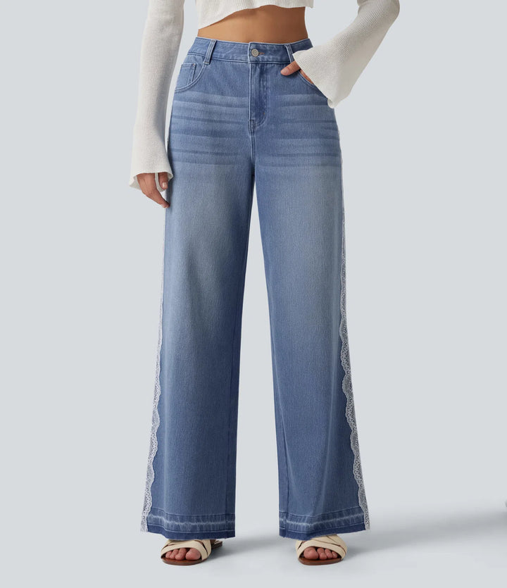 Halara Flex High Waisted Contrast Lace Baggy Casual Jeans with Pockets