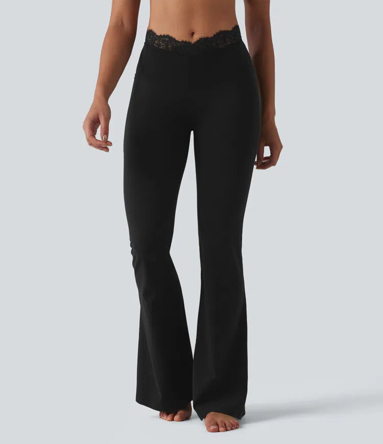 Halara UltraSculpt V-Shaped High Waisted Contrast Lace Yoga Flare Leggings with Pockets