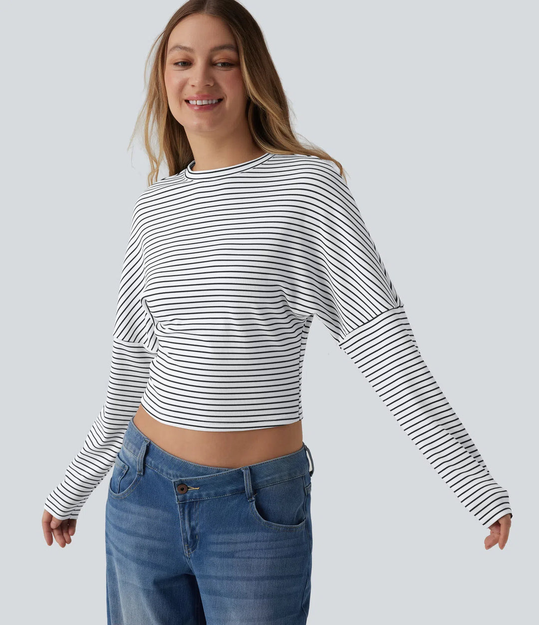Ribbed Knit Round Neck Long Sleeve Stripes Casual Top