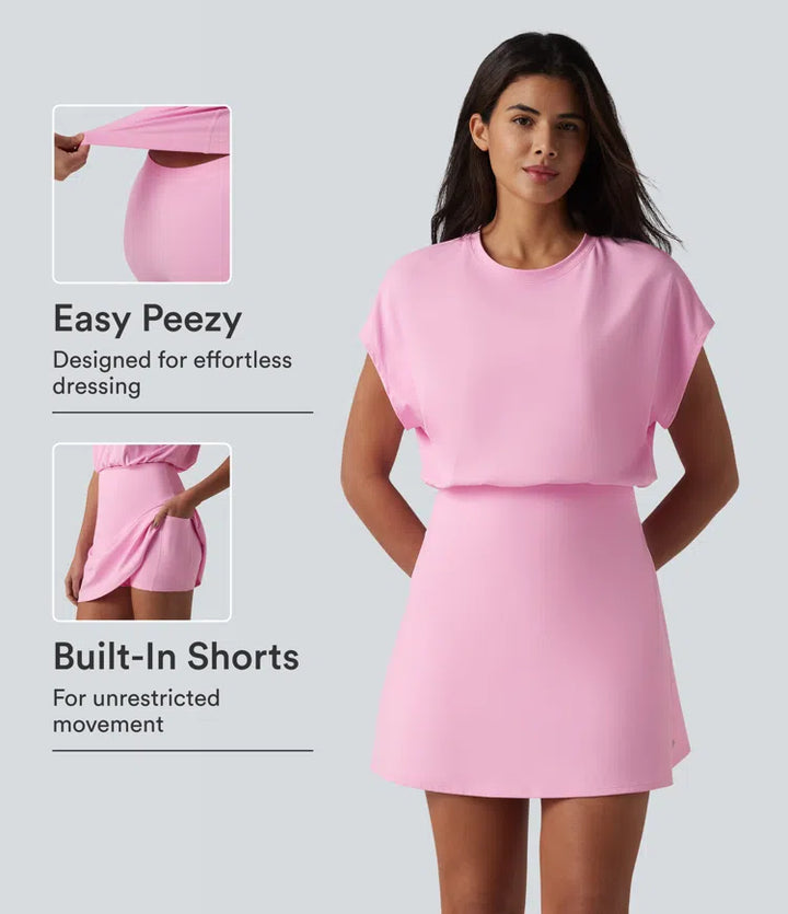SoftlyZero Airy Round Neck Short Sleeve 2-in-1 InstantCool Mini Yoga Active Dress with Pockets-Easy Peezy Edition