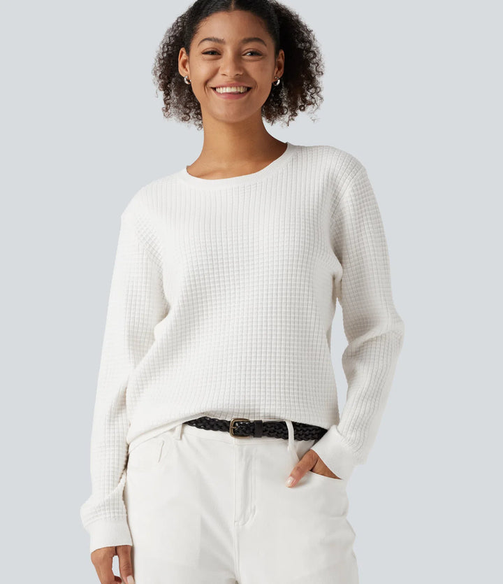 Round Neck Long Sleeve Waffle Casual Sweater