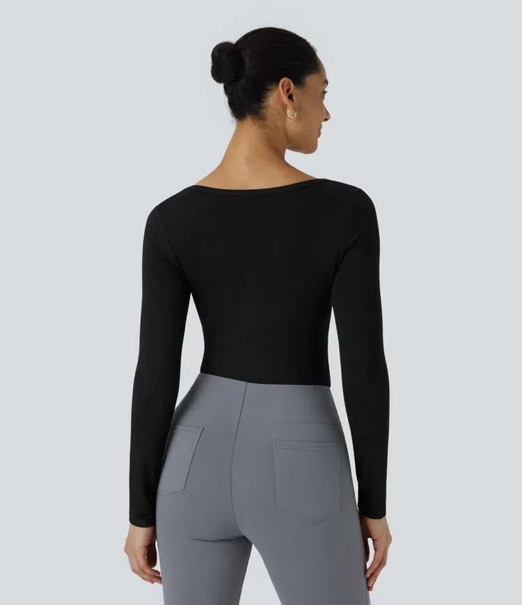 U Neck Long Sleeve Snap Skinny Work Bodysuit