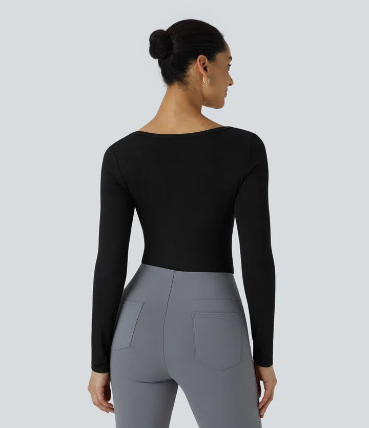 U Neck Long Sleeve Snap Skinny Work Bodysuit