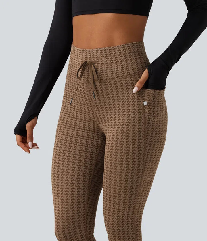 High Waisted Drawstring Houndstooth Yoga Leggings with Pockets