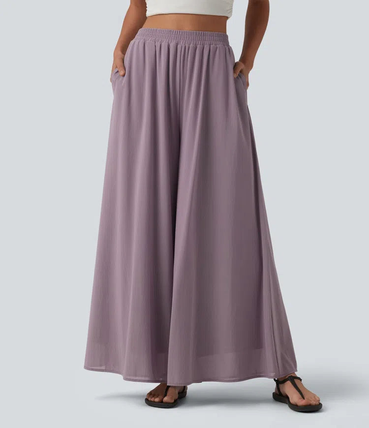 High Waisted Pocket Mesh Overlay Wide Leg Casual Pants
