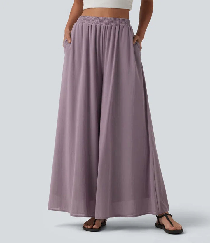 High Waisted Pocket Mesh Overlay Wide Leg Casual Pants