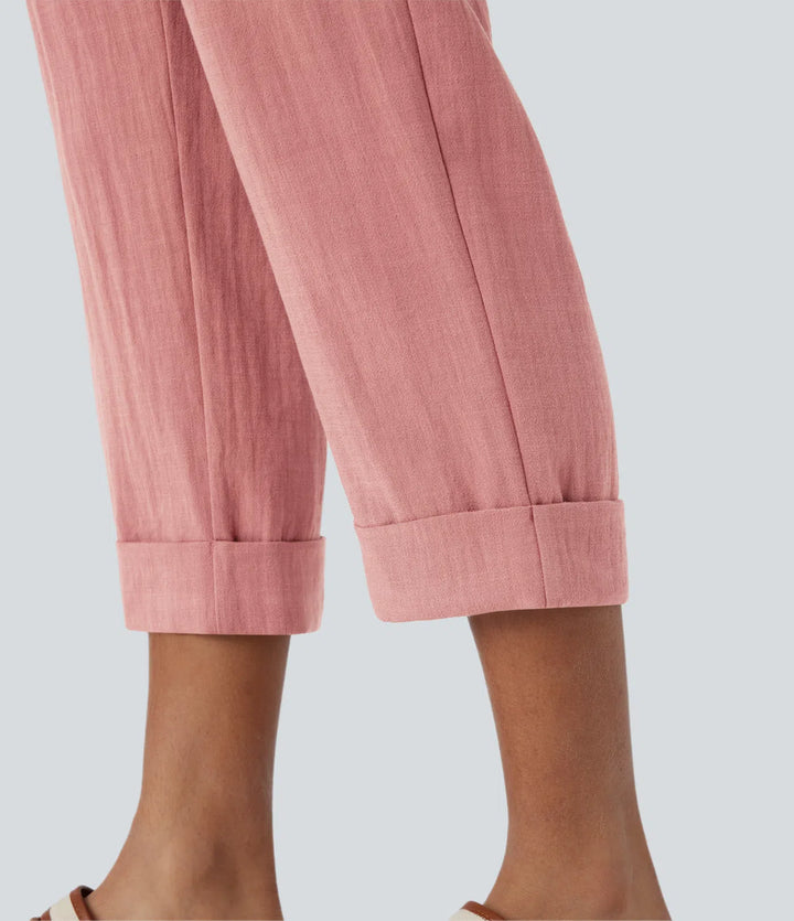 High Waisted Zipper Pocket Cropped Linen-Feel Pants