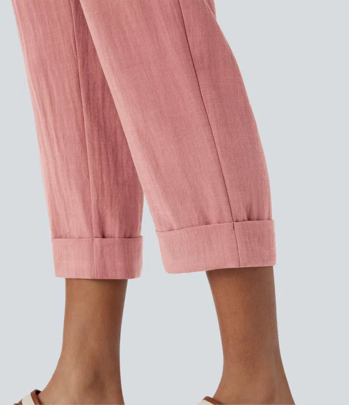 High Waisted Zipper Pocket Cropped Linen-Feel Pants
