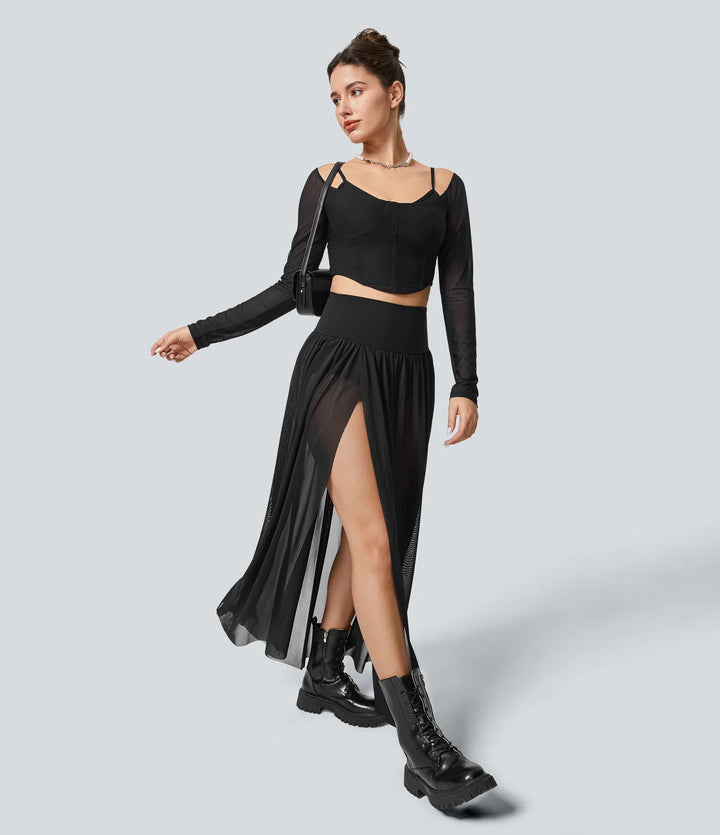 High Waisted 2-in-1 Mesh Flowy Maxi Casual Skirt
