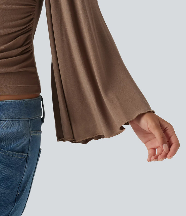 Ribbed V Neck Flounce Sleeve Ruched Casual T-Shirt