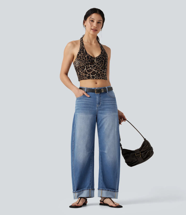 Halara Flex Low Rise Rolled Hem Casual Barrel Leg Jeans with Pockets