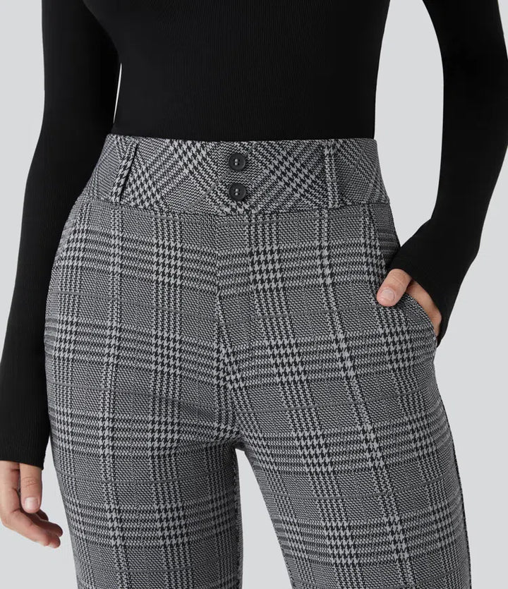 Halara Flex High Waisted Decorative Pocket Houndstooth Plaid Work Flare Pants