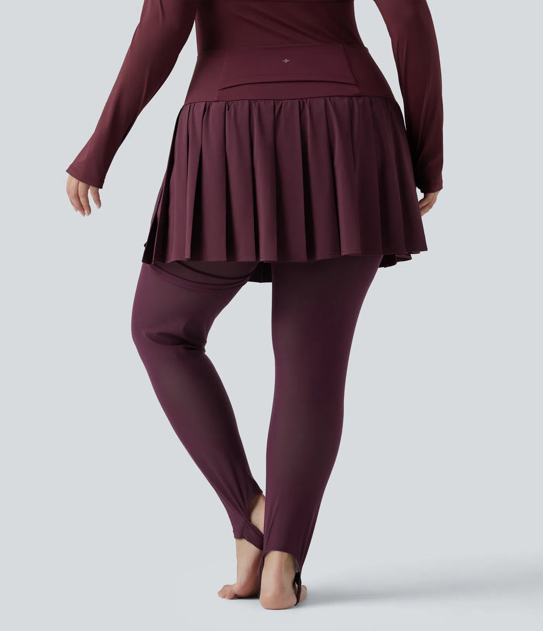 Breezeful High Waisted Pleated 2-in-1 Contrast Mesh Quick Dry Dance Plus Size Stirrup Skirted Leggings with Pockets