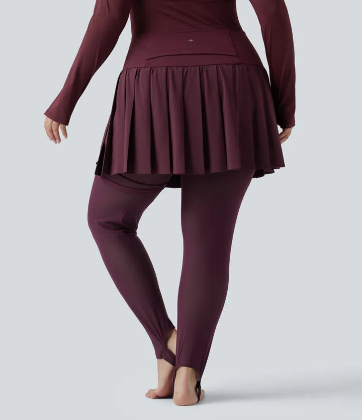 Breezeful High Waisted Pleated 2-in-1 Contrast Mesh Quick Dry Dance Plus Size Stirrup Skirted Leggings with Pockets