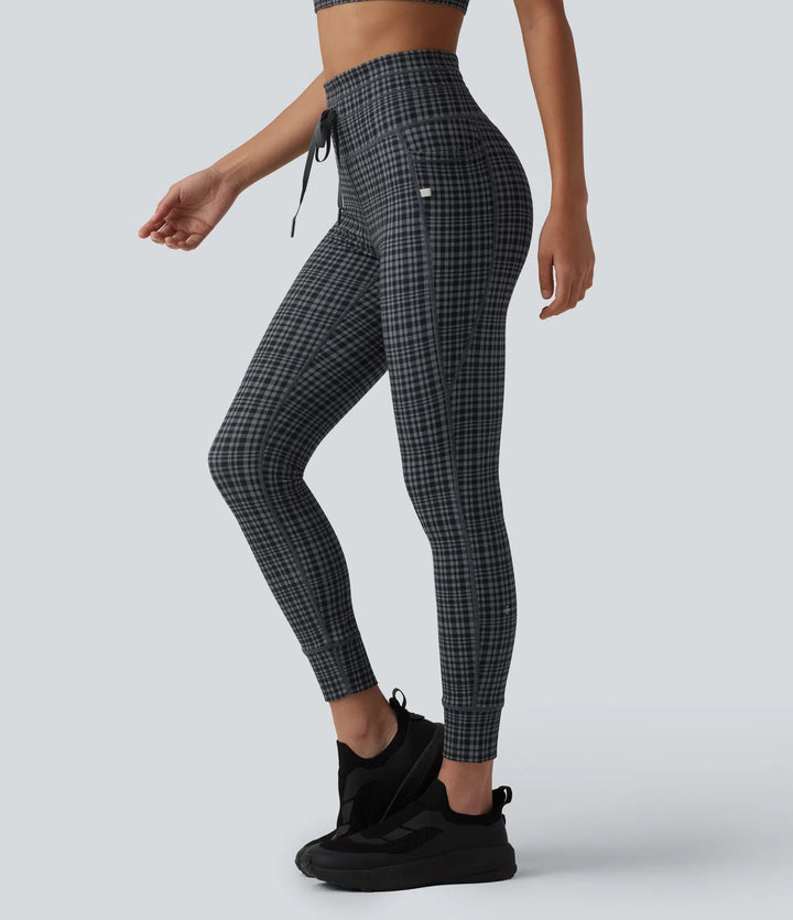 Halara UltraSculpt Check Plaid Print High Waisted Drawstring Yoga Leggings with Pockets
