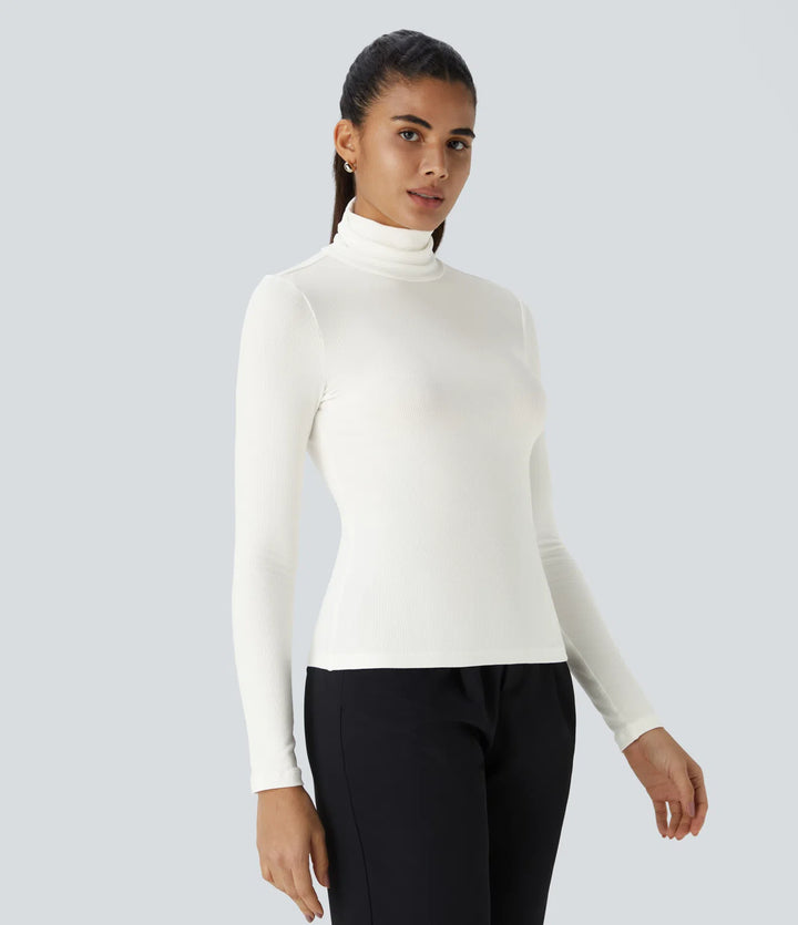 Ribbed Knit High Collar Long Sleeve Casual Top