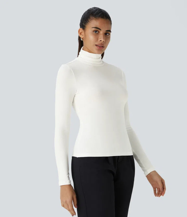 Ribbed Knit High Collar Long Sleeve Casual Top