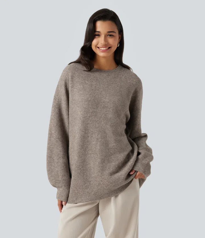 Round Neck Dropped Long Sleeve Work Wool-Blend Sweater