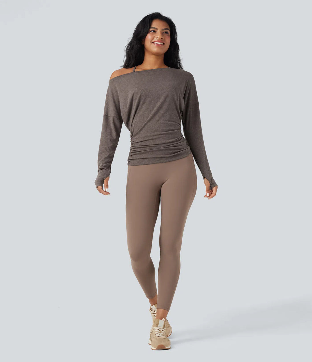One Shoulder Long Sleeve Thumb Hole Ruched Yoga Sports Top