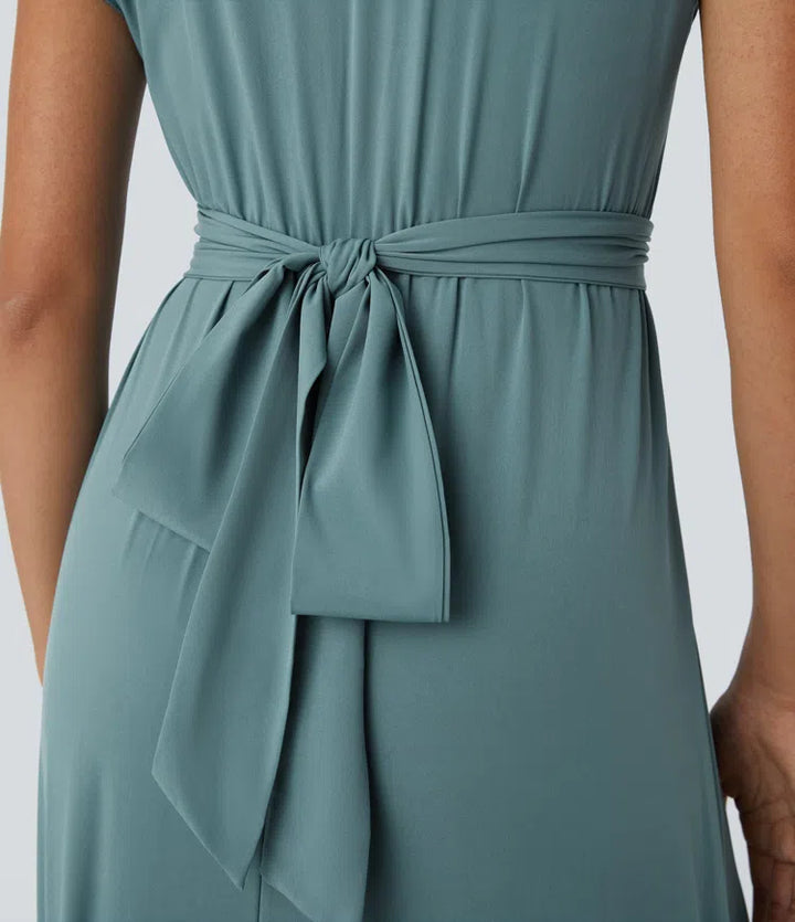 Breezeful V Neck Short Sleeve Pocket Tie Back Quick Dry Midi Casual Dress-Longer Length