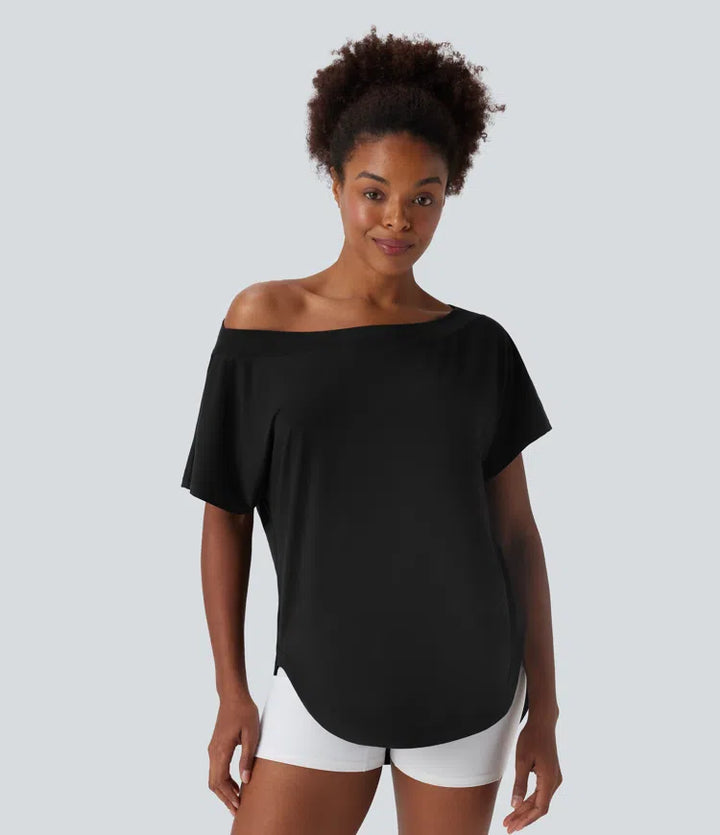 One Shoulder Short Sleeve Curved Hem High Low Quick Dry Yoga Sports Top