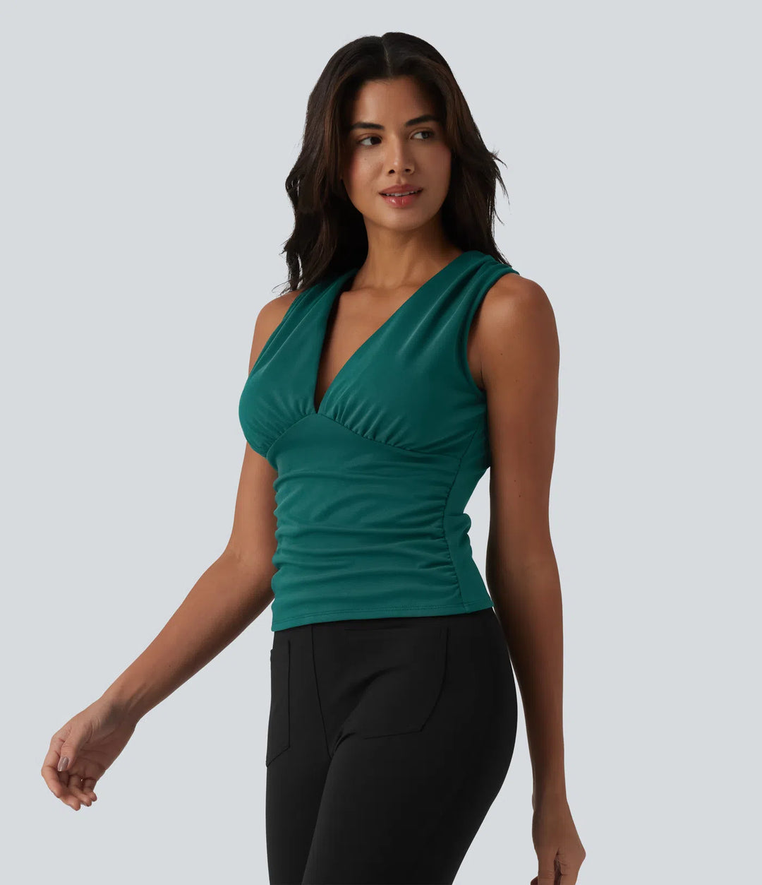 V Neck Ruched Built-in Bra Work Tank Top