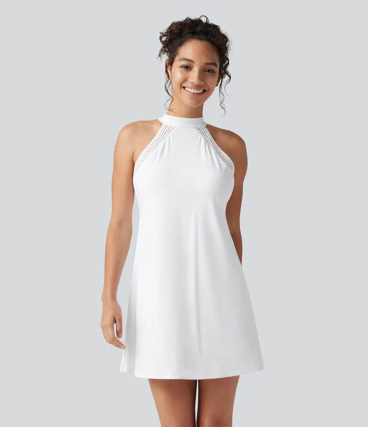 SoftlyZero Airy Tie Back Built-in Bra 2-in-1 InstantCool Mini Yoga Active Dress with Pocket-Longer Length