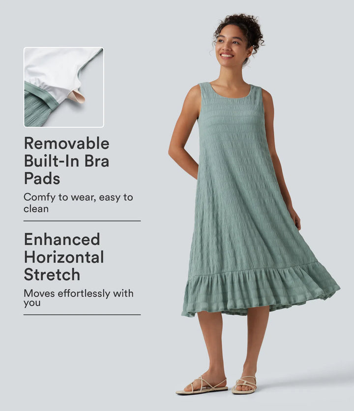 Round Neck Built-in Bra Sleeveless Ruffle Hem Midi Casual Dress