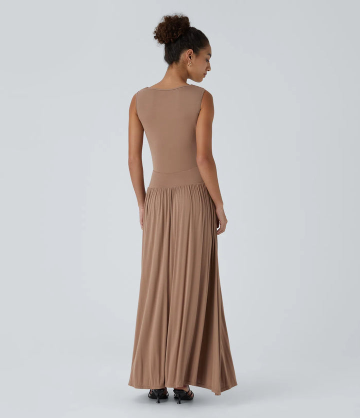 Ribbed Boat Neck Asymmetric Strap Ruched Pocket Flowy Maxi Casual Dress