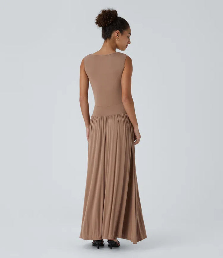 Ribbed Boat Neck Asymmetric Strap Ruched Pocket Flowy Maxi Casual Dress