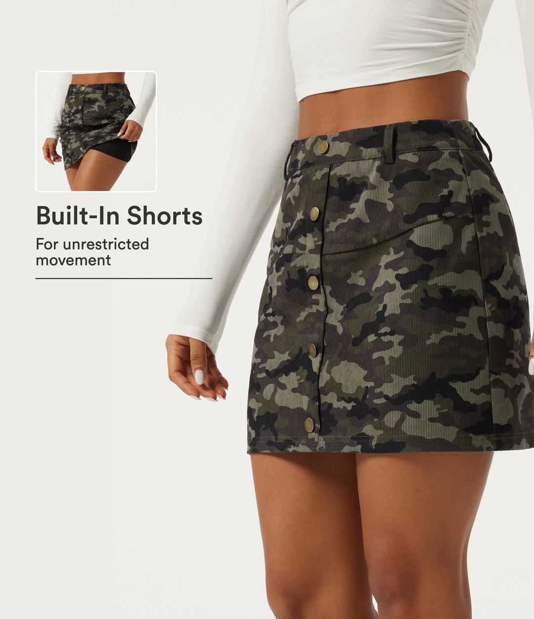 High Waisted Camo 2-in-1 A Line Mini Casual Skirt with Pocket