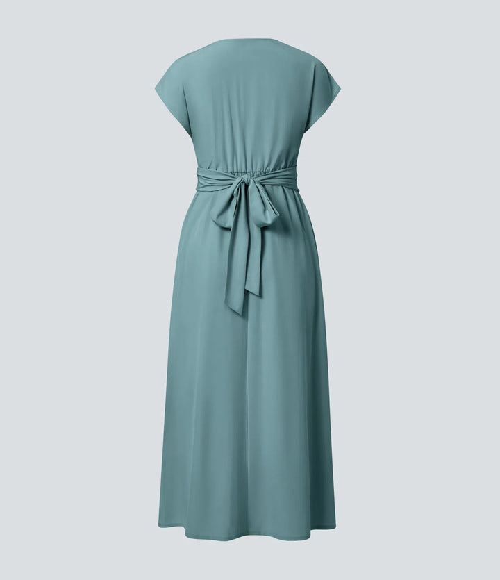 Breezeful V Neck Short Sleeve Pocket Tie Back Quick Dry Midi Casual Dress-Longer Length