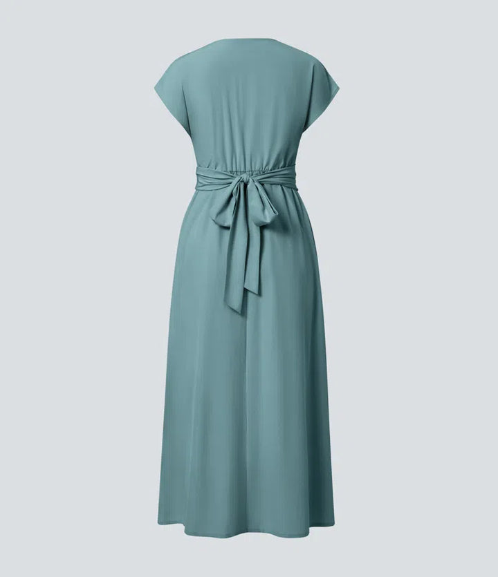 Breezeful V Neck Short Sleeve Pocket Tie Back Quick Dry Midi Casual Dress-Longer Length