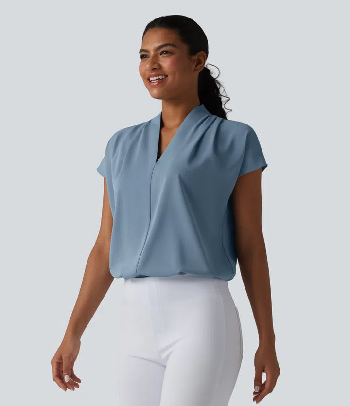 Wrinkle Recovery V-neck Batwing Sleeve Loose Fit Work Blouse