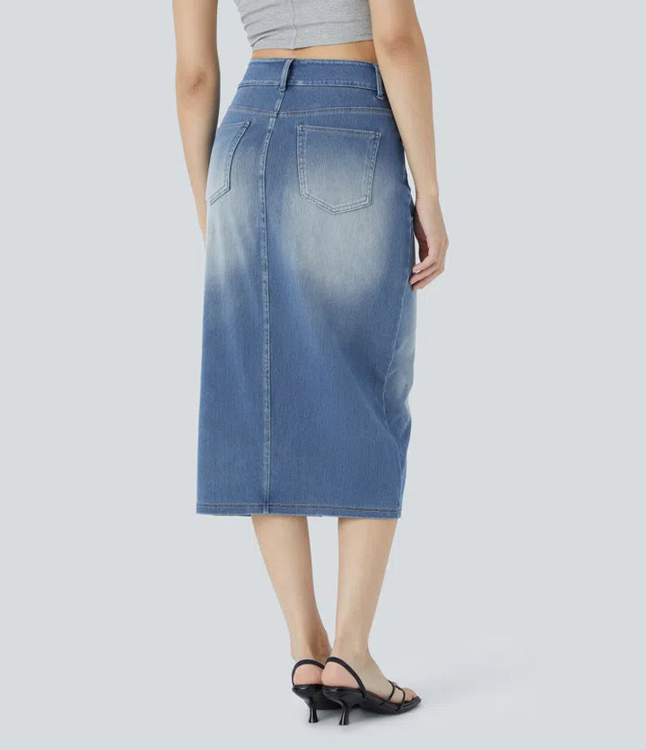 Halara Flex High Waisted Pockets Bodycon Washed Denim Casual Midi Skirt