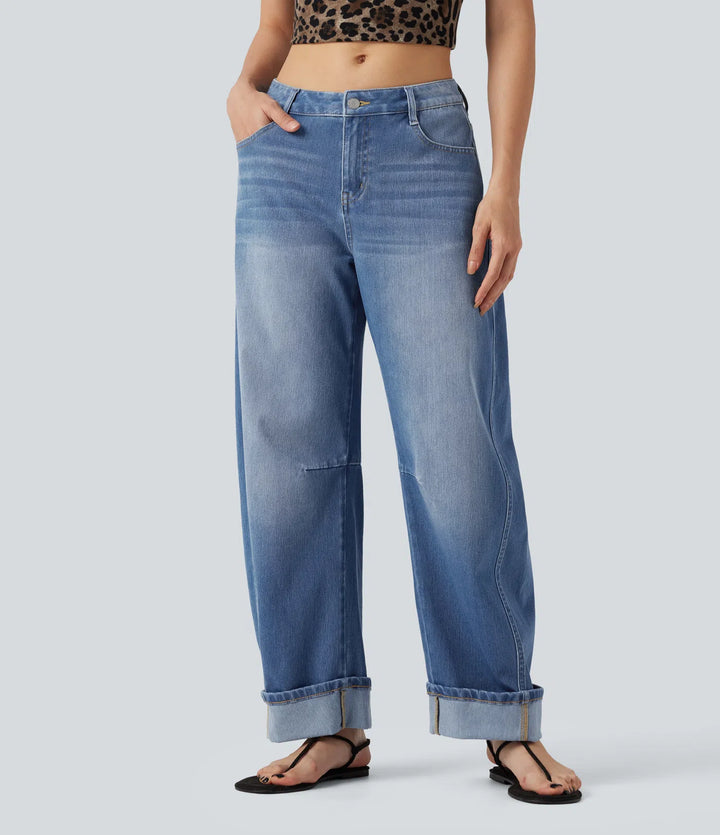 Halara Flex Low Rise Rolled Hem Casual Barrel Leg Jeans with Pockets