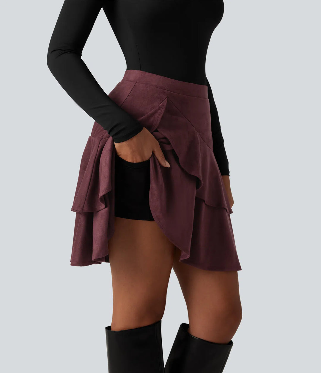 High Waisted Tiered Ruffle Hem 2-in-1 Longer Mini Suede Casual Skirt with Pocket