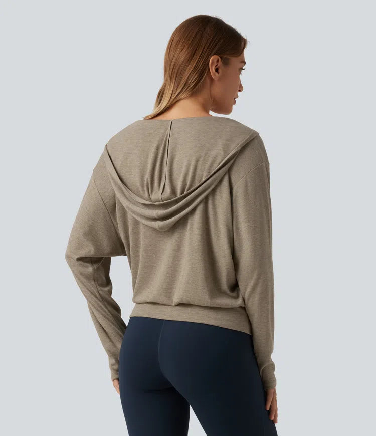 Hooded Dropped Long Sleeve Crossover Wrapped Yoga Sports Top