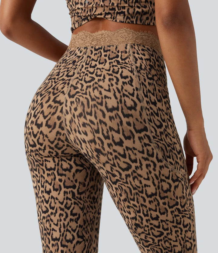 Halara UltraSculpt Leopard Print V-Shaped High Waisted Contrast Lace Yoga Flare Leggings with Pockets