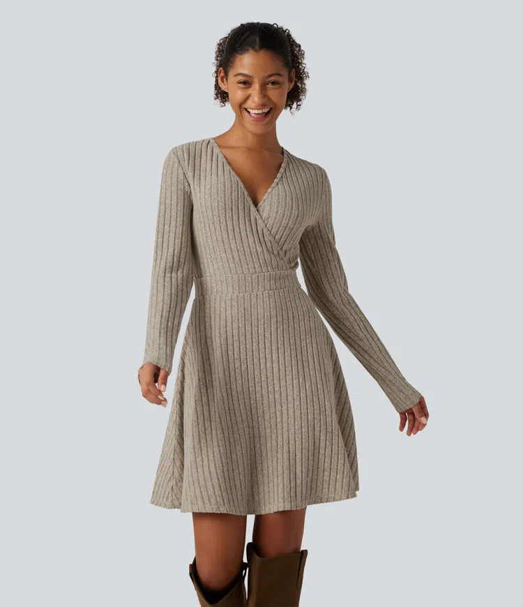 Ribbed Knit V-Neck Crossover Long Sleeve Mini Casual Dress